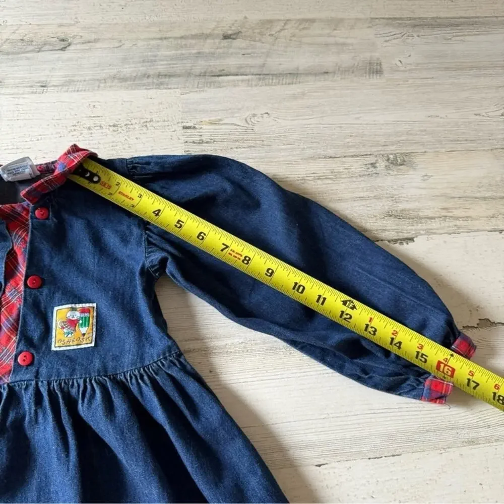 Vintage OshKosh B'gosh Girls Denim Long Sleeve Academia A-line Mini Dress Navy‎